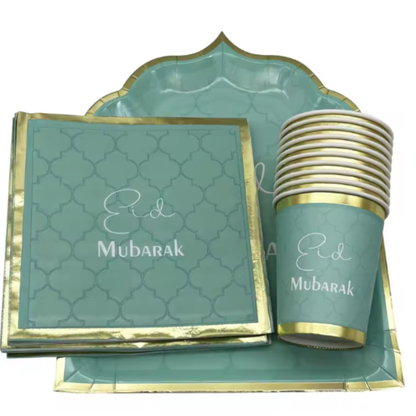 Elegant Eid Mubarak 30 Piece Dining Set – Baby Blue & Gold Tableware