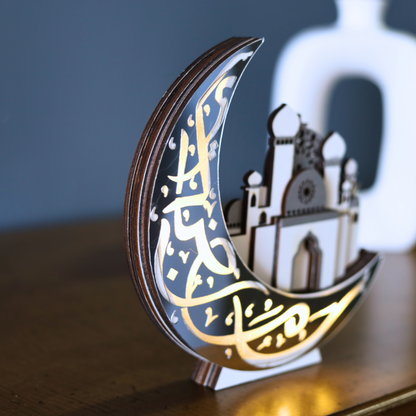 Unique Silver Crescent Moon & 3D Mosque Table Decor