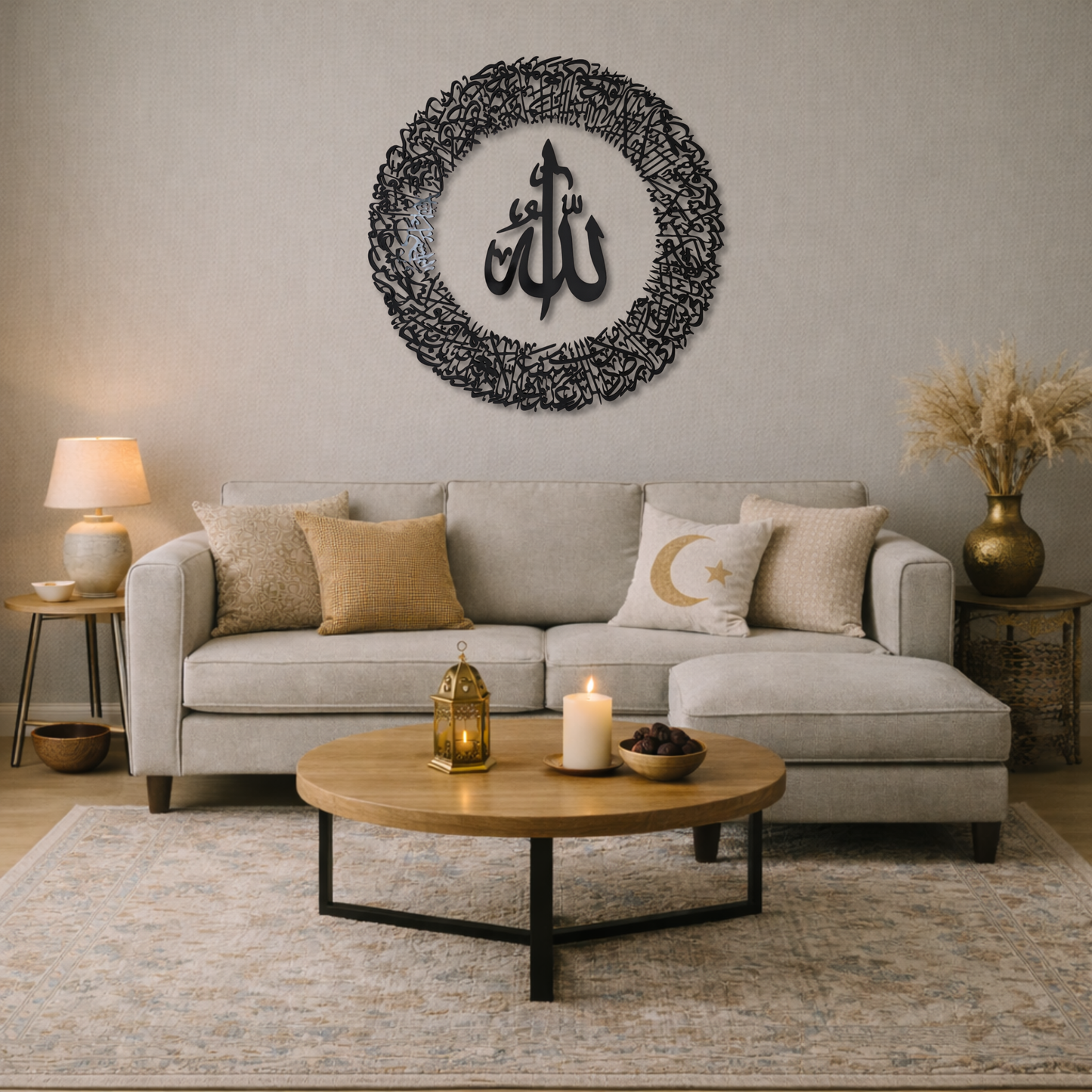 Ayatul Kursi Wall Art with Allah in the Center With Black Mirror Finish (90 cm x 90 cm)