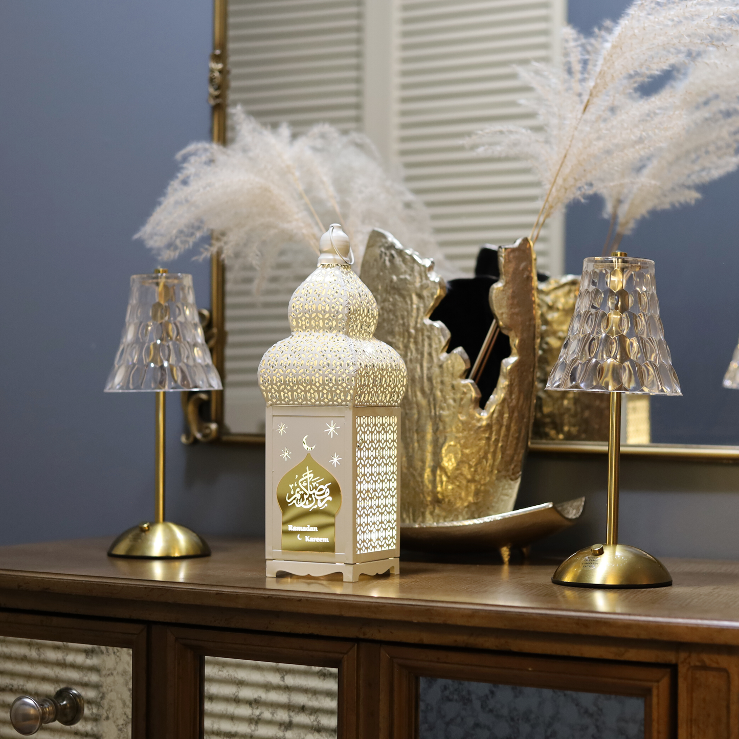 Stunning Tall White Ramadan Kareem Lantern with LED Lights – Elegant Islamic Cut Metal Design