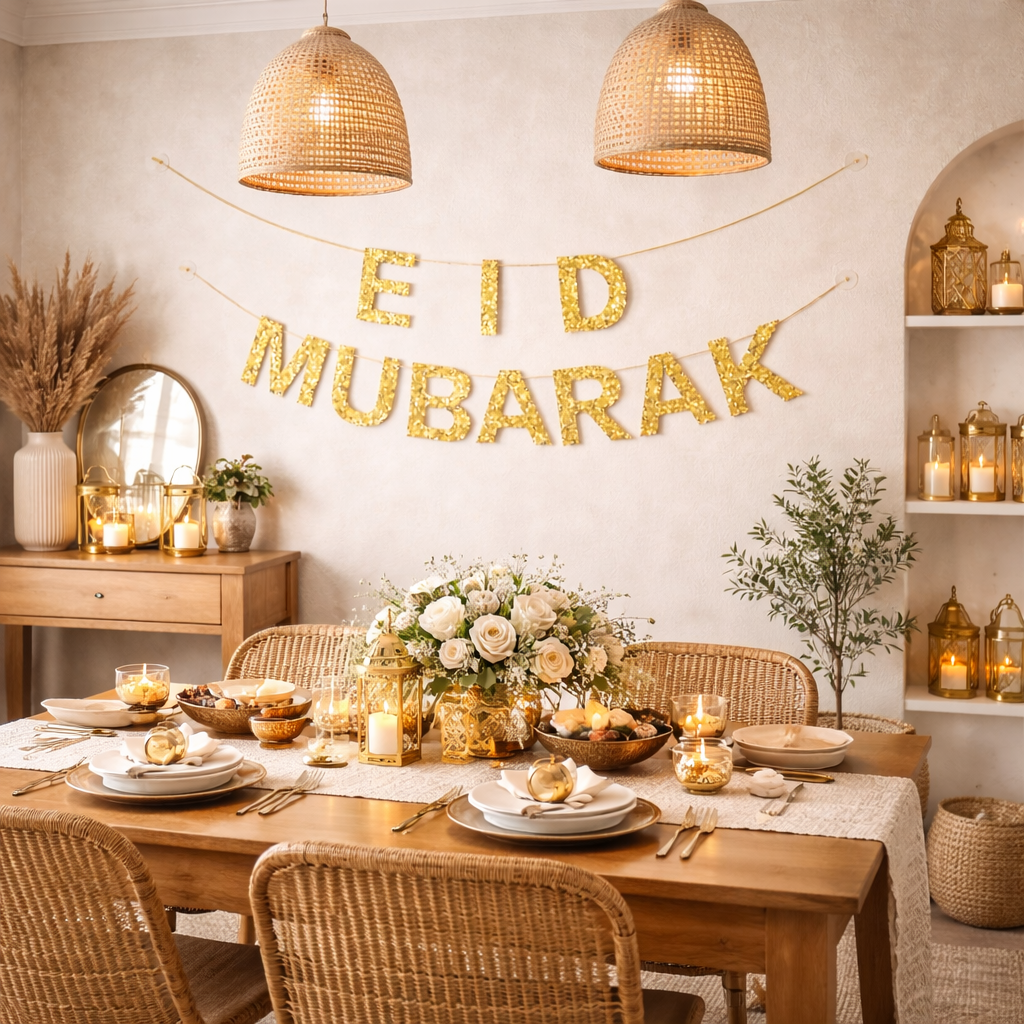 Large Eid Mubarak Banner – Gold Glitter Hanging Decor (2-Piece Set)