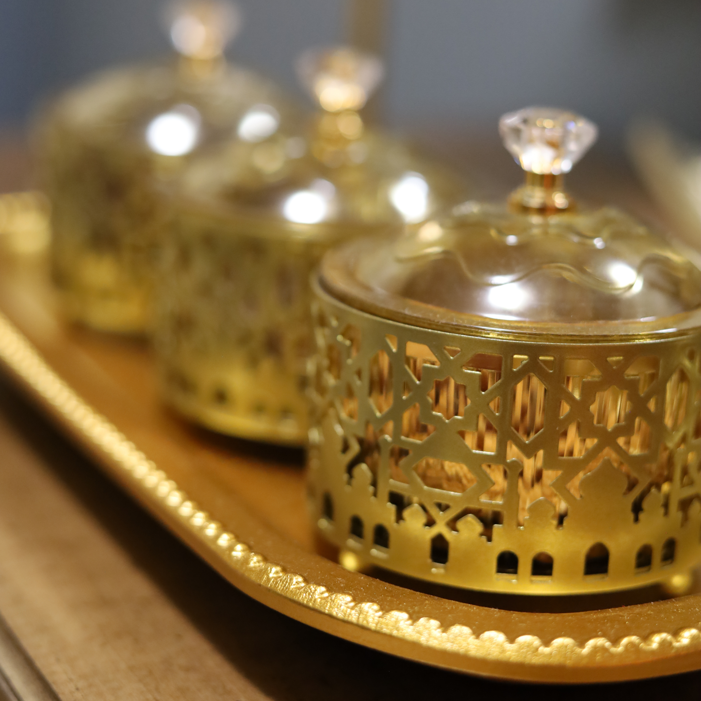 Luxury Gold Ramadan Date Holder Set – Ornate Metal Food Containers with Tray
